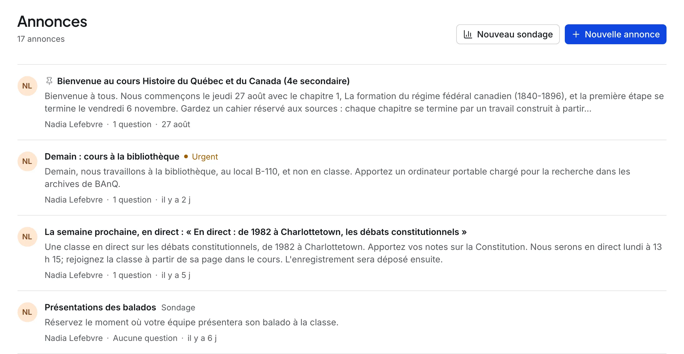 L’écran Annonces et sondages dans Lectur