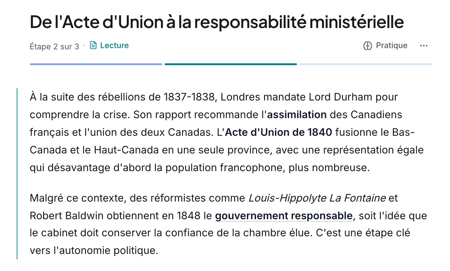 L’écran Leçons dans Lectur