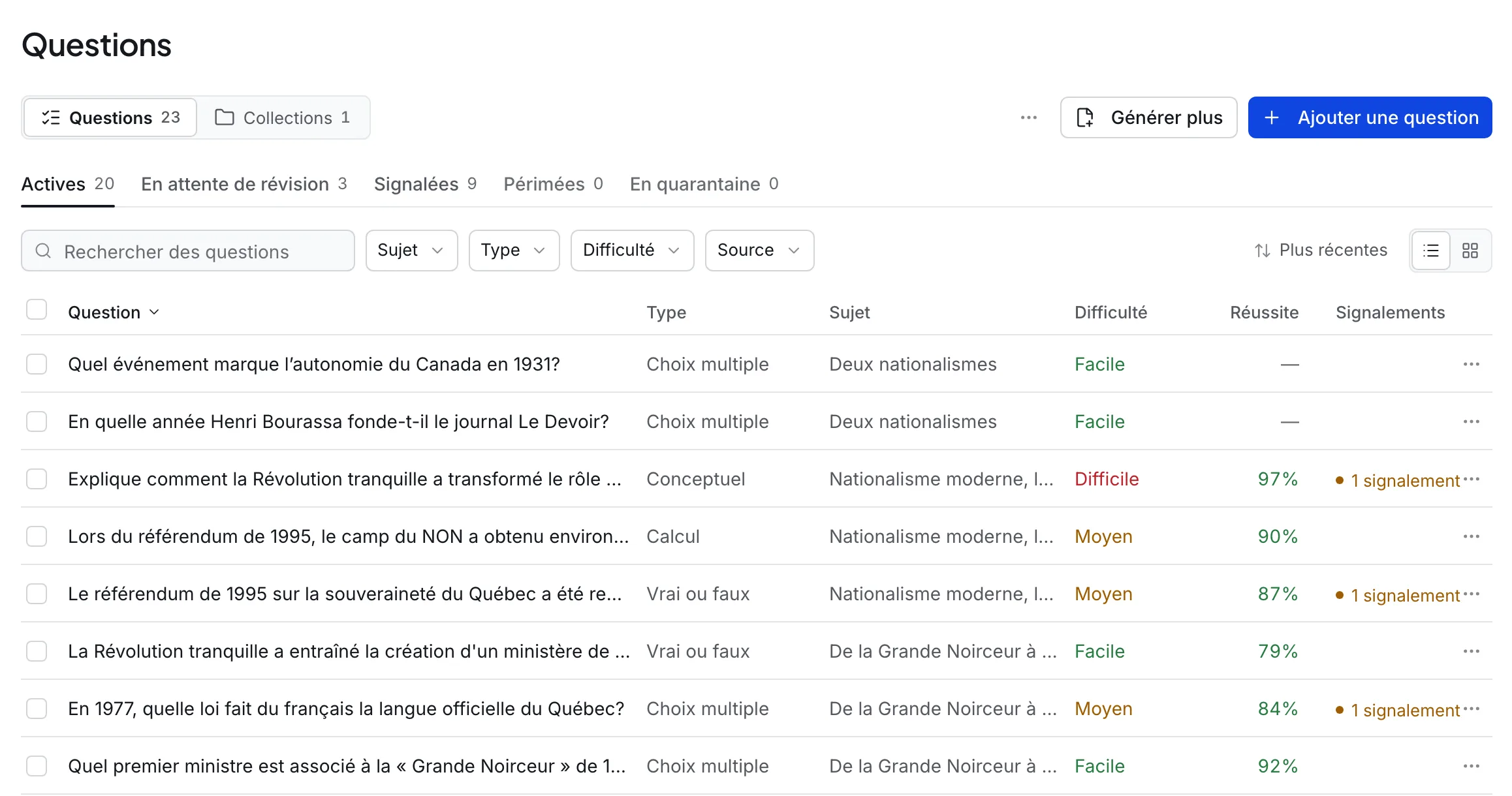 L’écran Banque de questions dans Lectur